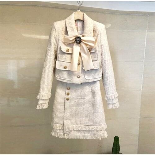 New 2020 Autumn High Quality Tweed 2 Piece Set Women Winter Bow Jacket Coat + Elegant Mini Tassel Pencil Wool Blend Skirt Suits