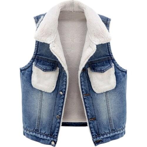 Womens Autumn Winter Sleeveless Thicken Warm Fleece Vintage Blue Denim Vest Female Winter Plus Size Short Waistcoat 2XL TB286