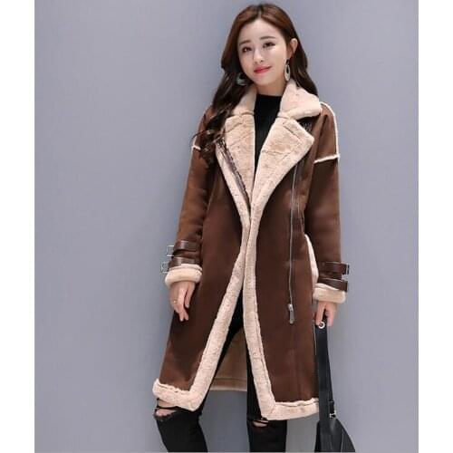 Women lambs wool coat female medium long thick warm shearling coats suede leather Jackets autumn winter female outerwear