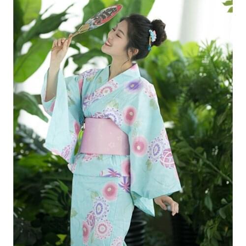 Womens Yukata Traditional Japan Kimono Robe Photography Dress Cosplay Costume aky blue Color flower Prints Vintage Clothing