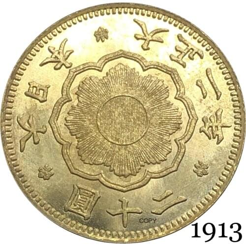 Great Japan 1913 20 Yen Year Taisho Gold Coin Brass Metal Paulownia Flower Coat Of Arms Emperor Royal Seal Copy Coins