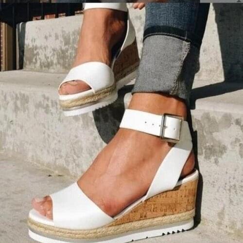 2021 New Summer Women Shoes Solid Color Ankle Buckle Simple Sandals Wedge Heel Fashion Casual Ladies Sandals