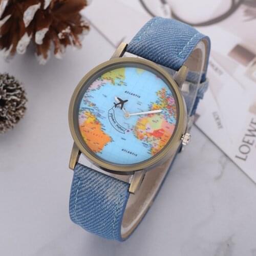 1Pcs Ladies Trend Wrist Watches Fashion Global Travel By Plane Map Dial Analog Clock Women Dress Watch Denim Fabric Band Relogio