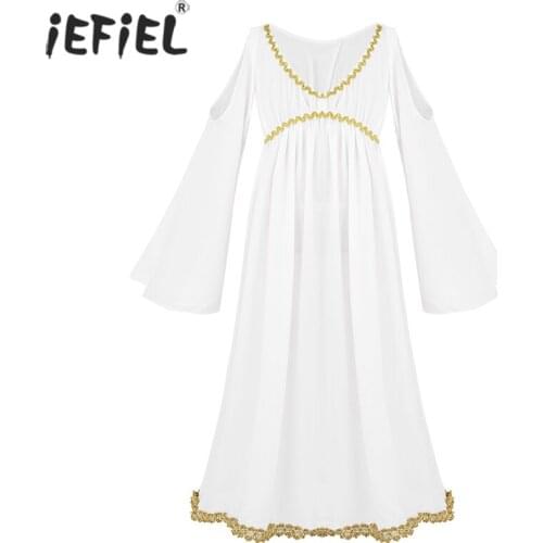 Kids Child Roman Grecian Greek Athena Goddess Cosplay Dress Girls Gold Trim Halloween Costume Role Play Party Long Fancy Dress