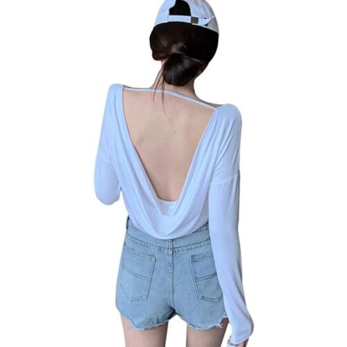 Autumn Sexy Hollow Back Long Sleeve T Shirts Soft Fabric Loose Women Workout Fitness Short Style Tops Activewear Clothing