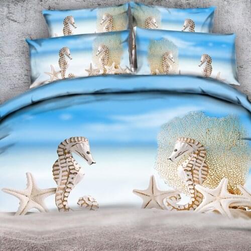 Goldeny 4 Parts Per SetSummertime Beach Scene with Sea horse and Starfish 3d bedlinen set with Bed Cover Blanket cover Set