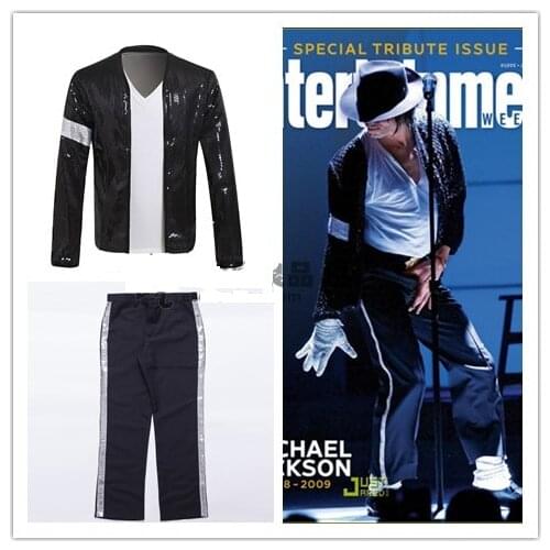 Michael Jackson Cosplay Costume Billie Jean Suits Sequin Kids Adults MJ Jacket+Pants Show Black Color