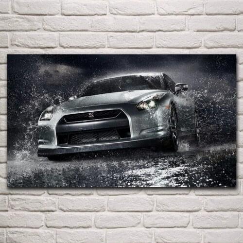 Cool black and white GTR sport car in rain fanart living room home wall art decor print canvas fabric poster KP605