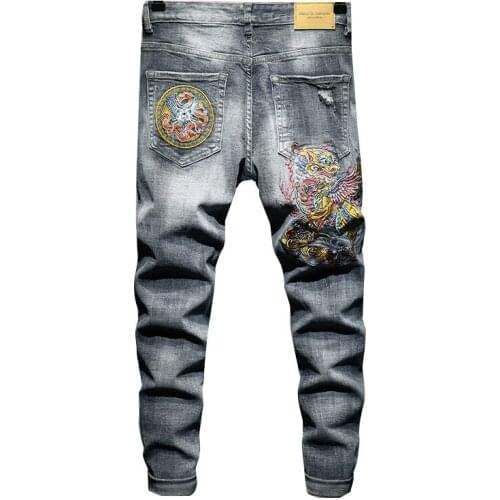 Idopy Men`s Fashion Vintage Washed Embroidery Jeans Designer Slim Fit Night Club Party Hip Hop Denim Pants Trousers For Men