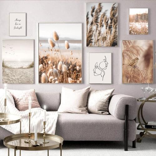 Beach Dunes Reed Birds Poster Abstract Line Drawing Prints Nature Landscape Wall Art Painting Nordic Posters Picture Home Decor