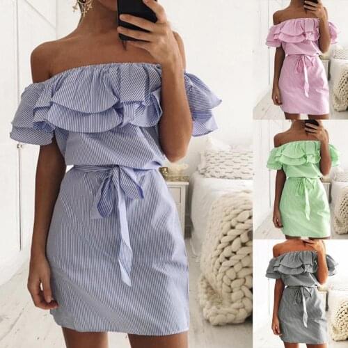 Summer Dress Office Lady Women Casual Ladies Sexy Dress Stripe Ruffle Elastic Horizontal Collar Off Shoulder Dress for Party