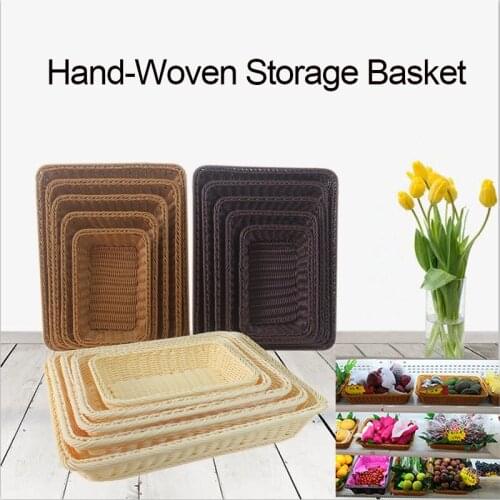 Hand-Woven Rectangular Rattan Wicker Basket Fruit Tea Snack Bread Picnic Cosmetic Storage Box Kitchen Supplies Storage Basket