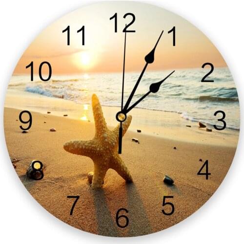 Beach Starfish Sunset Wave Silent Decorative Wall Clock Digital Clock Operated Round Home Office School Clocks