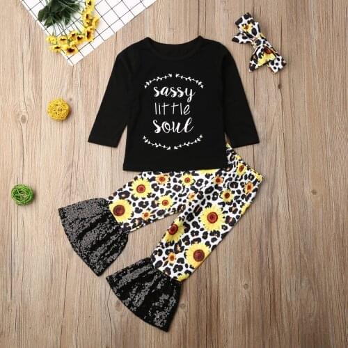 Pudcoco Newborn Baby Girl Clothes Letter Print T-Shirt Tops Sunflower Leopard Print Bell-Bottoms Headband 3Pcs Outfits Clothes