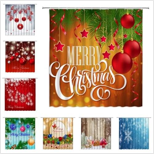 Christmas Shower Curtain Holiday Theme Xmas Colored Decor Balls Snowflake Bathroom Bathtub Accessories Waterproof Polyester