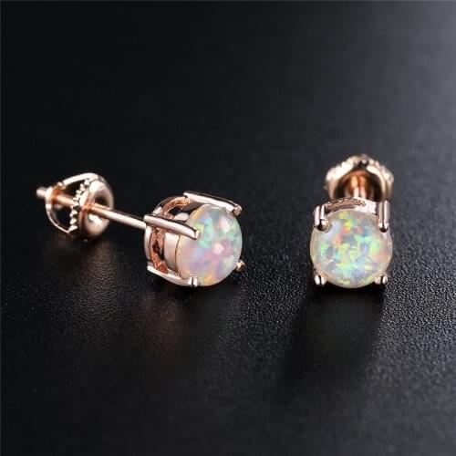 White Blue Pink Opal Earrings 6mm Round Stone Small Stud Earrings Dainty Rose Gold Screw Back Earrings For Women Wedding Jewelry