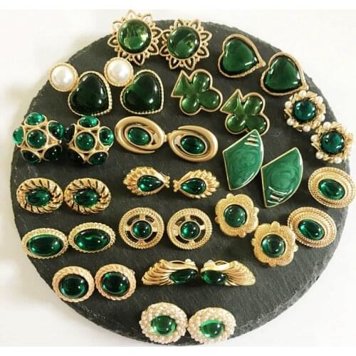 Green Colors Earring Styles, Geometric Alloy Enamel Resin Clip Earring, Fan Flower Heart Round Jewelry