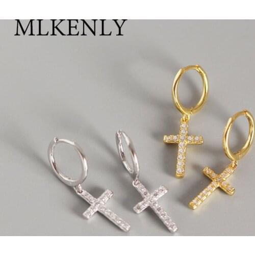 SHANICE 925 Sterling Silver CZ Crystal Cross Hoop Earrings Baroque Charms Earrings Hoops with Hanging Cross Statement Earrings