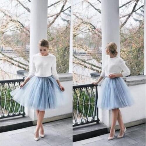 Light Blue Pleated Tulle Women Knee Length A Line Tutu Formal Skirts For Wedding Short Tutu Skirts Custom Made All Size Saia