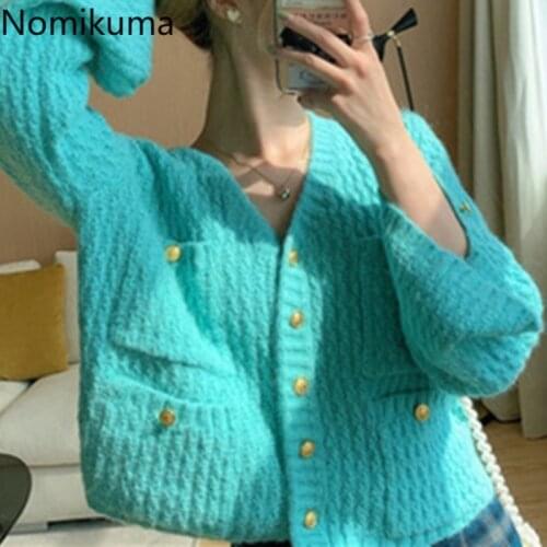 Nomikuma V Neck Cropped Cardigan Women Solid Color Single Breasted Long Sleeve Short Sweater High Street Chic Knitwear Tops
