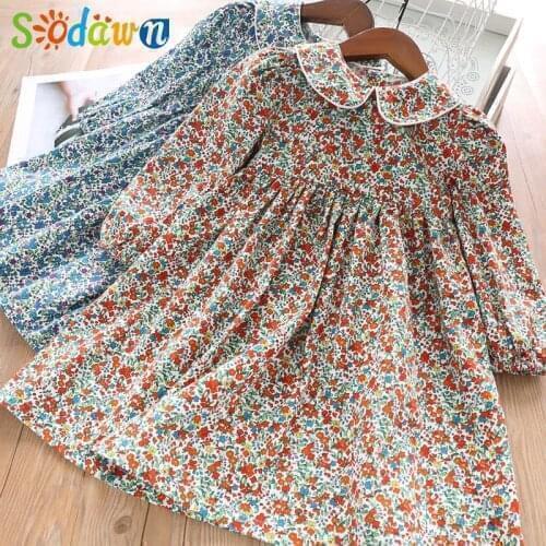 Sodawn Spring Girl Dress Flower Pattern Long Sleeve Baby Collar Kids dress Sweet Children Clothing Princess Party Girl Dresses