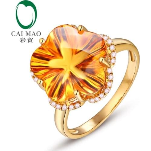 Caimao Jewelry Flower Shape 9.75ctw Citrine & Diamonds 14K Yellow Ring