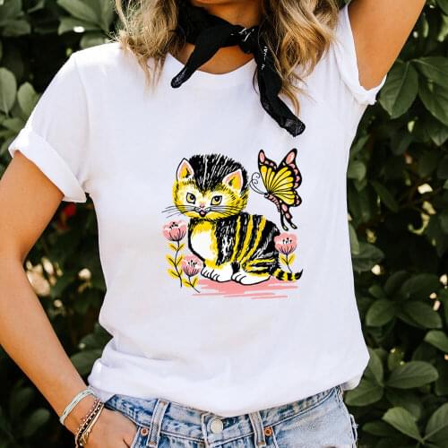 Cute Cat Butterfly Colored Printed 100%Cotton Womens T Shirt Summer Funny Casual O-Neck Short Sleeve Tops Cat Mom Life Tee