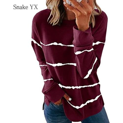 Snake YX Womens Clothing Autumn Winter Tie-dye Striped Printed Striped Round Neck Loose Casual Long Sleeve Plus Size T-shirt