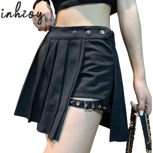 Women Gothic Punk Plaid Pleated Mini Skirts Cool Sweet Buckle Y2K Skirt