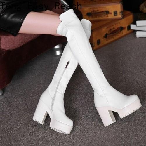 Fashion Women Platform Long Boots Gothic Black White Fashion Square Heel Knee High Boots Women With Zipper Good Quality Boots