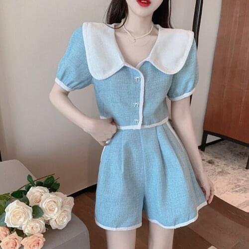 Sweet Small Fragrance Pant Suits Korean Short Sleeve Crop Top Shirt Blouse + Shorts Suits Female Fashion Casual Two Piece Set