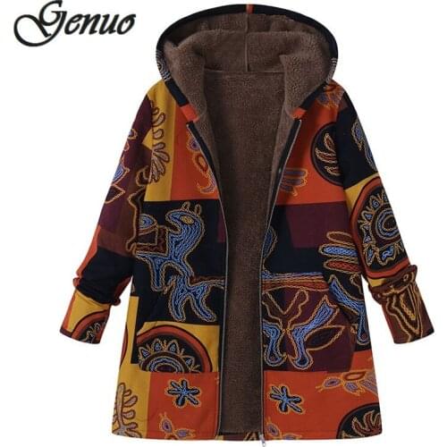 2019 Plus Size Winter Autumn Long Sleeve Basic Outerwear Women Retro Hooded Ethnic Printed Faux Fluffy Thin Coat Jackets