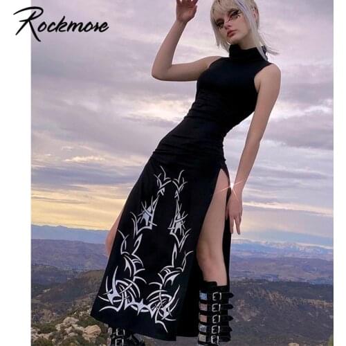 Rockmore Gothic Turtleneck Split Maxi Dress Women Cosplay Party Dresses Vintage Black Dark Academia Sleeveless Long Dress Female