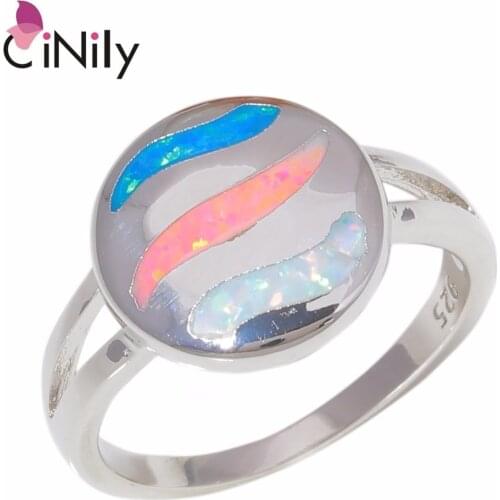 CiNily Created Blue Pink White Fire Opal Wholesale Round-Shape for Women Jewelry Engagement Ring Size 7-8 OJ9379