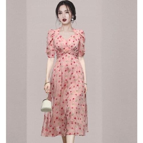 High-end Summer New Temperament Women V Neck Puff Sleeve Flower Print Bowknot Lace-Up Dress Vintage Boho Holiday Party Dresses