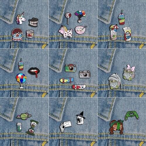 2-4 Pcs/Set Badges Cartoon Skateboard Camera Metal Enamel Brooch Owl Skeleton Unicorn Beer Pin Lapel Backpack Jewelry Gift