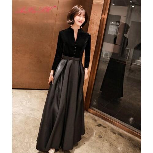 AnXin SH princess black velour satin a line long sleeve evening dress vintage high neck black satin zipper long evening dress