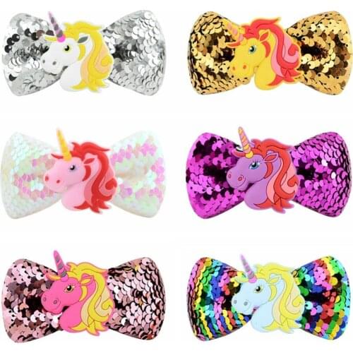 9.5cm Kids Girl Hair Accessories Glitter unicorn Reversible Mermaid Sequins Scales Hair Bows Hairpins Hair Clips For Women Girls