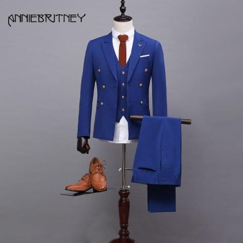 Royal Blue Men Suits for Wedding Double Breasted Mens Classic Suit 3 Pieces Handsome Groom Tuxedos Slim Fit Men Blazer Jacket