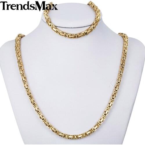 JEWELRY SET 5mm Boys Mens Chain Bracelet Gold Tone Byzantine Box Stainless Steel Necklace Bracelet Wholesale Jewelry KS48