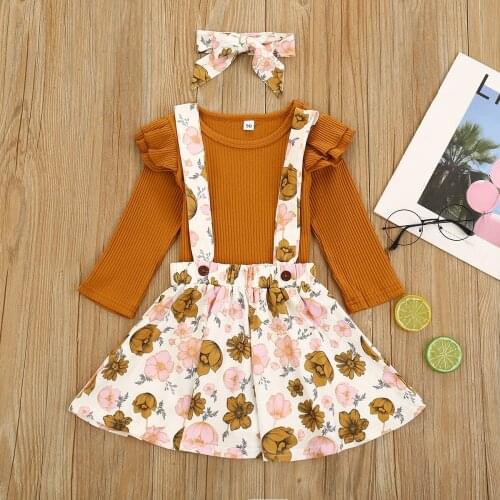2021 New Baby Child Girls Clothes Set Solid Knitted Long Sleeve Flower Print Skirt Bow Headband Kids Autumn Outfits Yellow 1-6Y