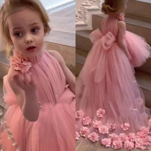 NEW Pink Flower Girl Dresses For Wedding O-Neck Tulle Floor Length Backless Ball Gown Junior Bridesmaid Dress For Girls