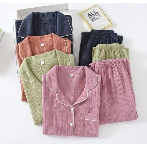 New 100% Cotton Couple Pajama Set Double Layer Crepe Pijamas Women and Men Long Sleeve Pants Sleepwear Soft Breathable Nightwear