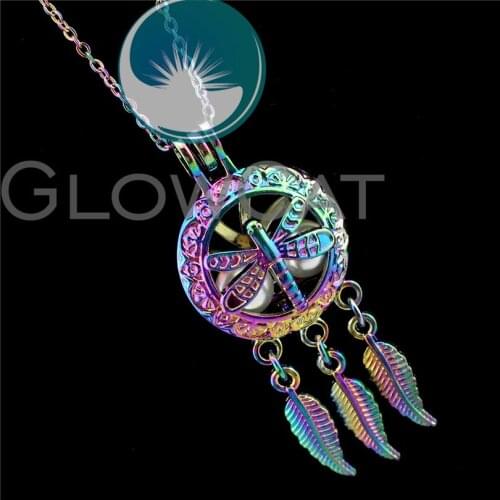 R-C709 Rainbow Color Dragonfly Dreamcatcher Beads Cage Pendant Perfume Diffuser Aromatherapy Pearl Cage Locket Necklace
