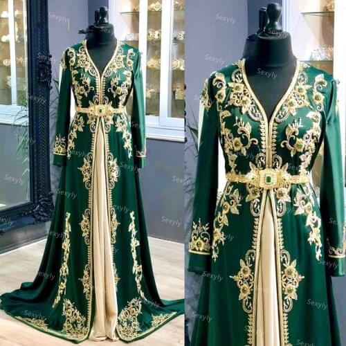 Luxury Green Morrocan Kaftan Evening Dresses With Beaded Vintage V Neck Long Sleeve Satin Muslim Prom Dress Turkey Party Gowns
