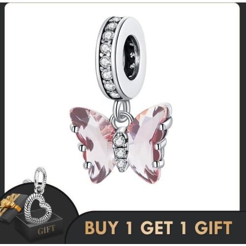 Bisaer 925 Sterling Silver Butterfly Dream Beads Pink Enamel Zircon Charm Fit Original Bracelet DIY Fine Jewelry Gift EFC423