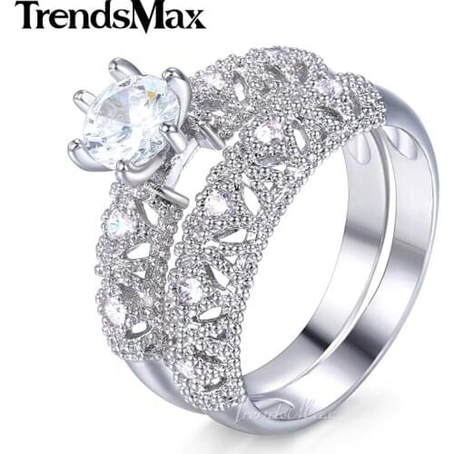 Trendsmax Fine Carving Craft Wedding Filigree Ring Set For Women White Gold Filled Round Clear Cubic Zirconia KGR45