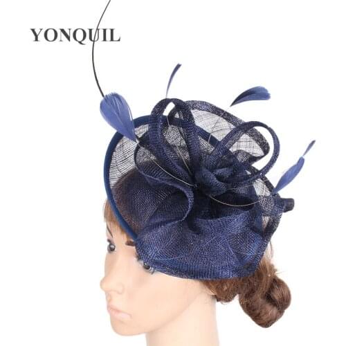 Navy Sinamay Hair Fascinator Wedding Hat Fedora Formal Dress Party Race Headwear With Fancy Feather Hair Accessories Headband