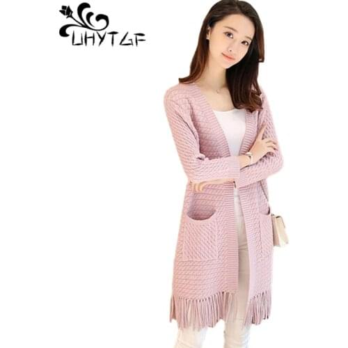 UHYTGF Knitted Cardigan Sweater Female 2021 New Spring Autumn Sweater Jacket Womens Korean Fashion Tassel Long Sweater Coat 204