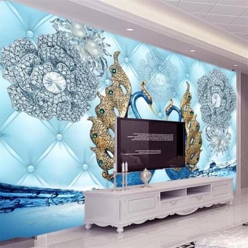 Wellyu Customized large murals fashion home decoration luxury 3d swan diamond flower water pattern jewelry TV background wall